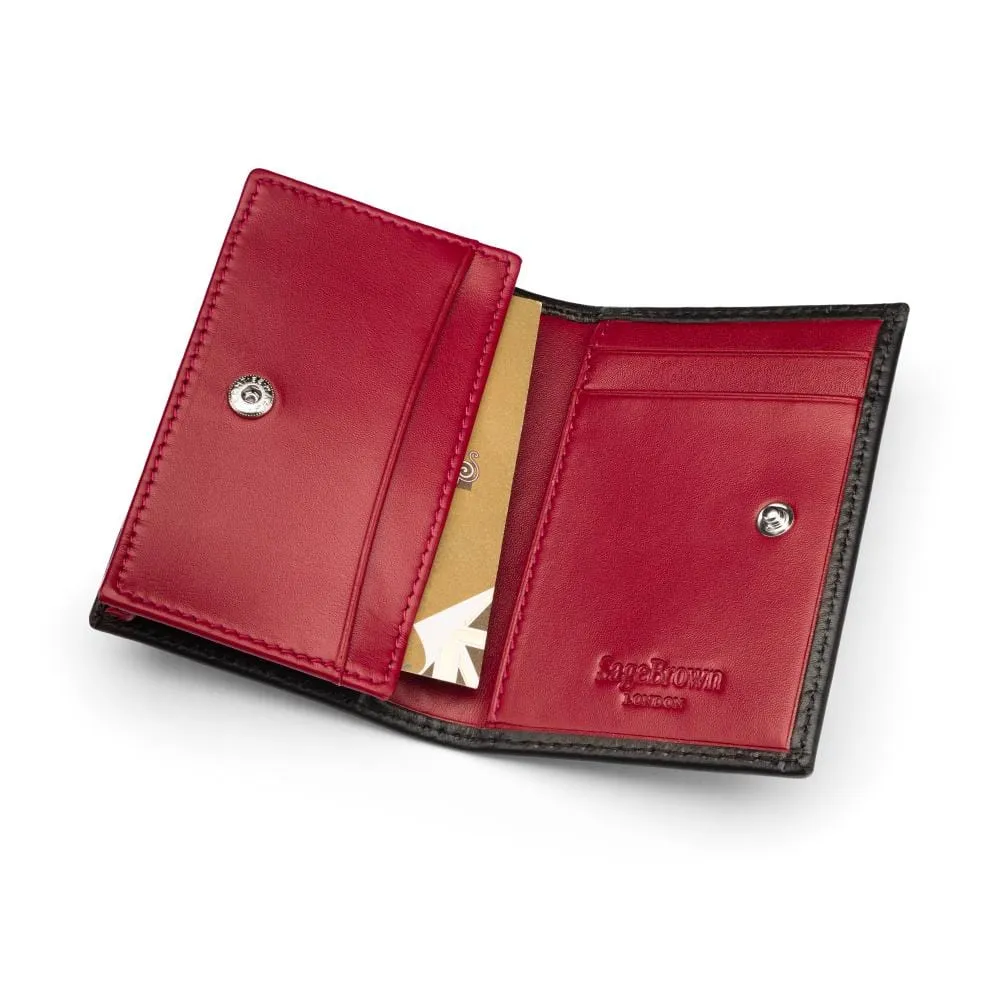 Expandable Leather Business Card Holder With Stud - Black With Burgundy