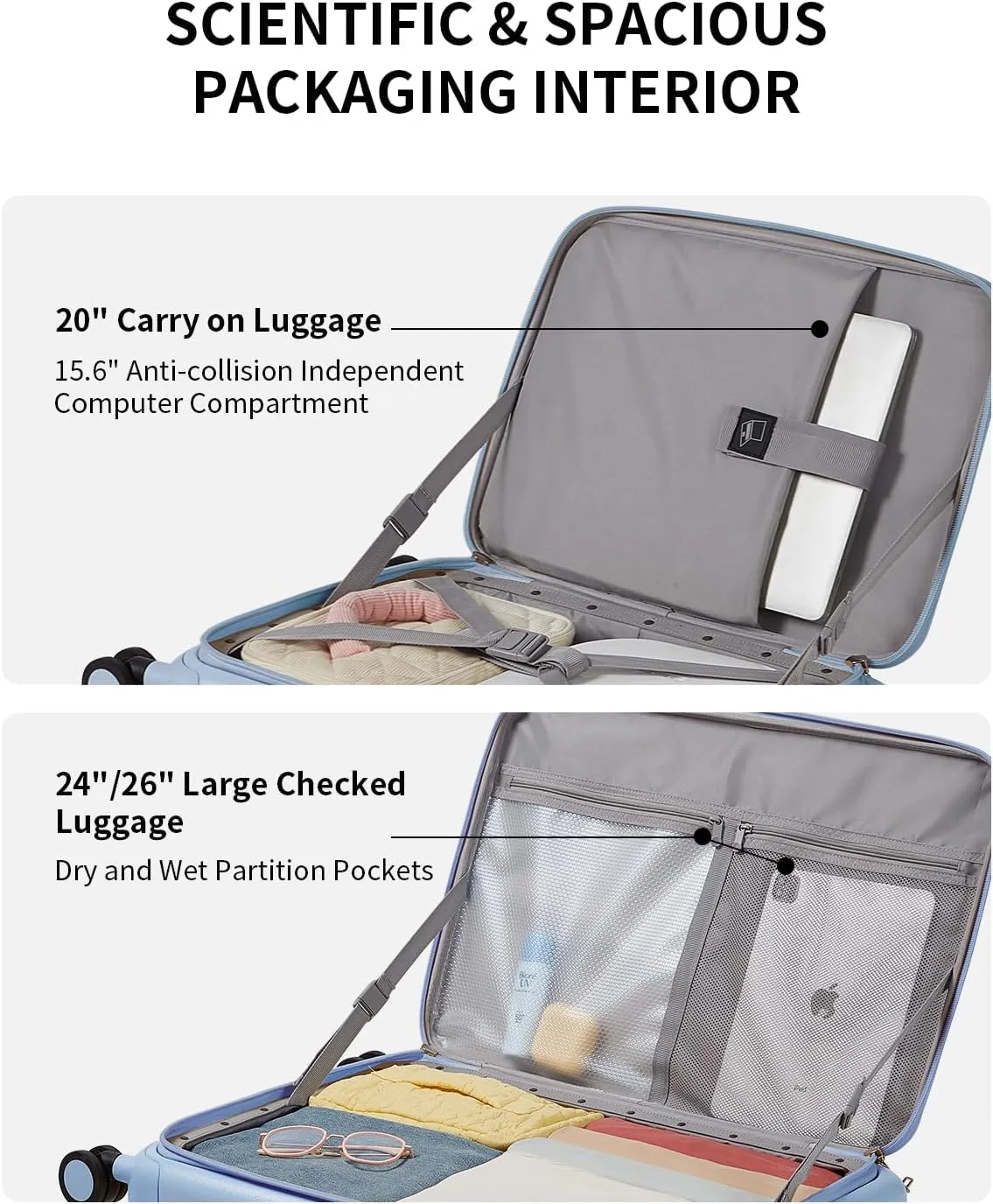 Expandable Top Opening 26 Inch Checked Luggage with Spinner Wheels, Large Suitcase with TSA Lock, Hard Shell Travel luggage Suitcases for Men Women, for 20 Days Travel, Blueberry Blue