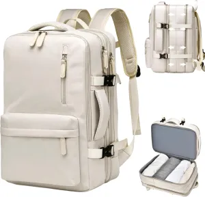 Expandable Travel Backpack for Men Women, Large Carry on Backpack Airplane Approved 15.6" Laptop Backpack with USB Charging Port,Water Resistant Lightweight Daypack for Flight 50L Beige