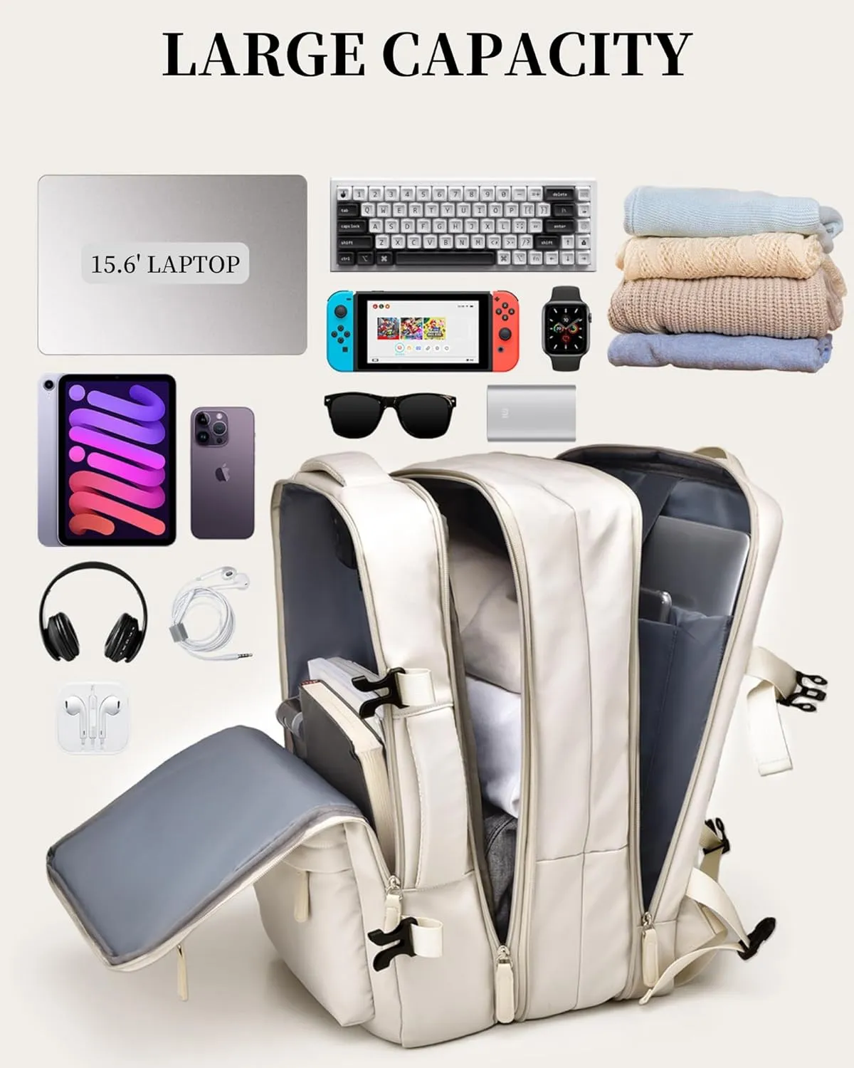 Expandable Travel Backpack for Men Women, Large Carry on Backpack Airplane Approved 15.6" Laptop Backpack with USB Charging Port,Water Resistant Lightweight Daypack for Flight 50L Beige