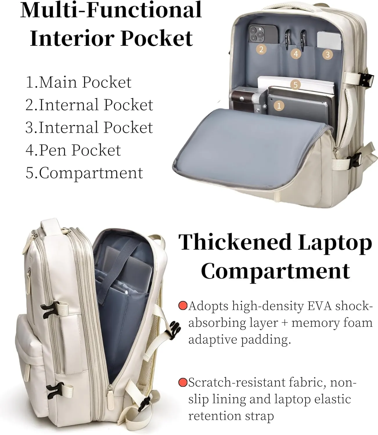 Expandable Travel Backpack for Men Women, Large Carry on Backpack Airplane Approved 15.6" Laptop Backpack with USB Charging Port,Water Resistant Lightweight Daypack for Flight 50L Beige