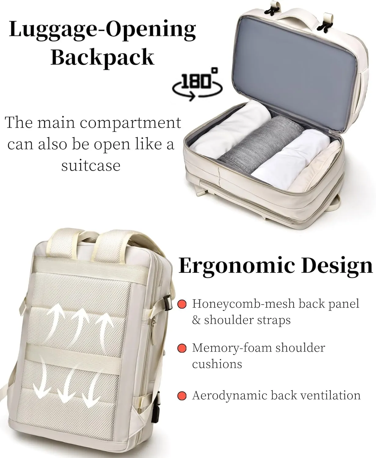 Expandable Travel Backpack for Men Women, Large Carry on Backpack Airplane Approved 15.6" Laptop Backpack with USB Charging Port,Water Resistant Lightweight Daypack for Flight 50L Beige