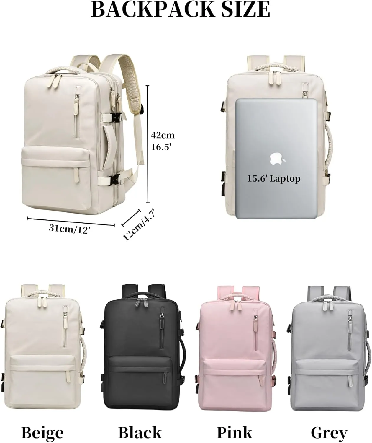 Expandable Travel Backpack for Men Women, Large Carry on Backpack Airplane Approved 15.6" Laptop Backpack with USB Charging Port,Water Resistant Lightweight Daypack for Flight 50L Beige