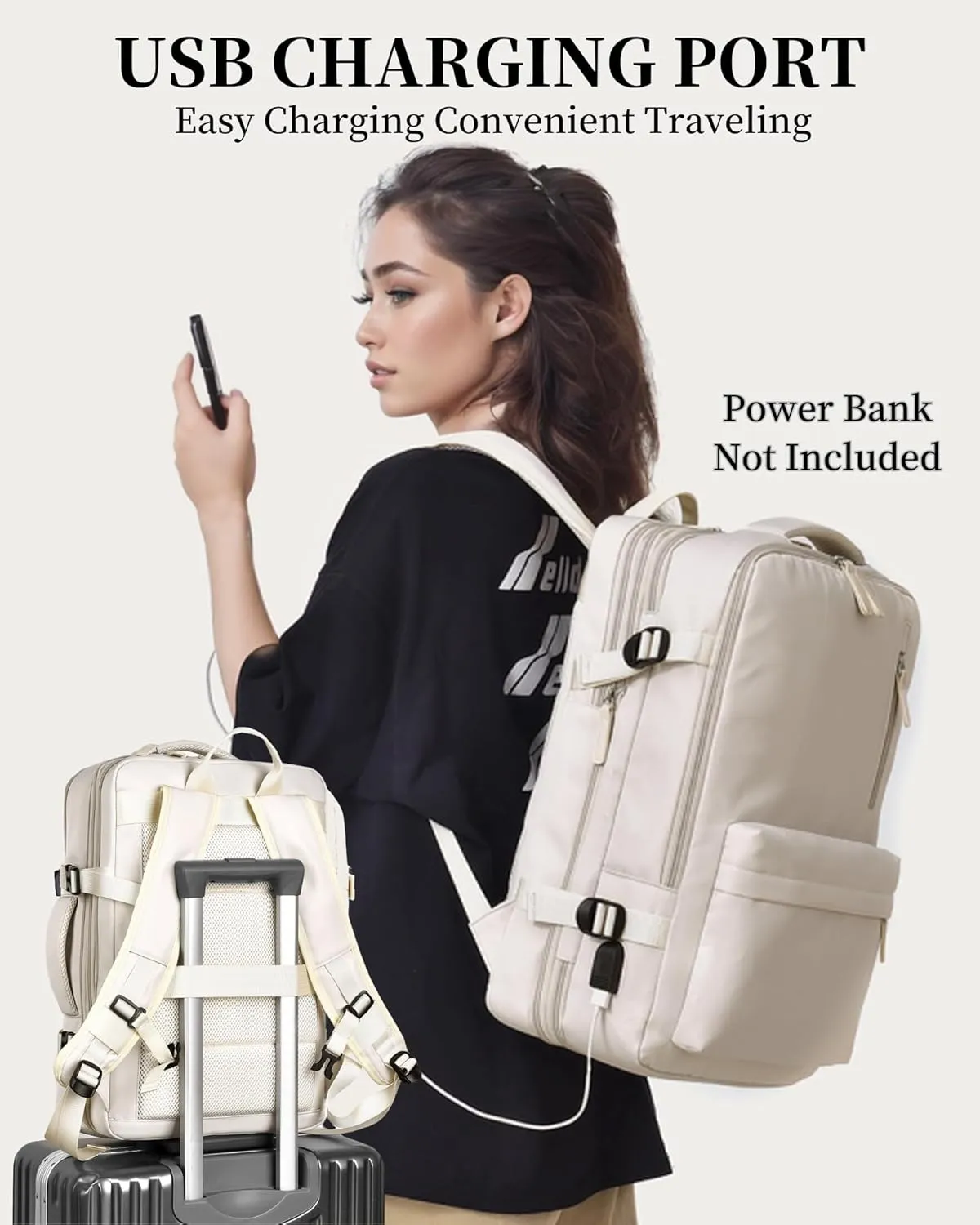 Expandable Travel Backpack for Men Women, Large Carry on Backpack Airplane Approved 15.6" Laptop Backpack with USB Charging Port,Water Resistant Lightweight Daypack for Flight 50L Beige