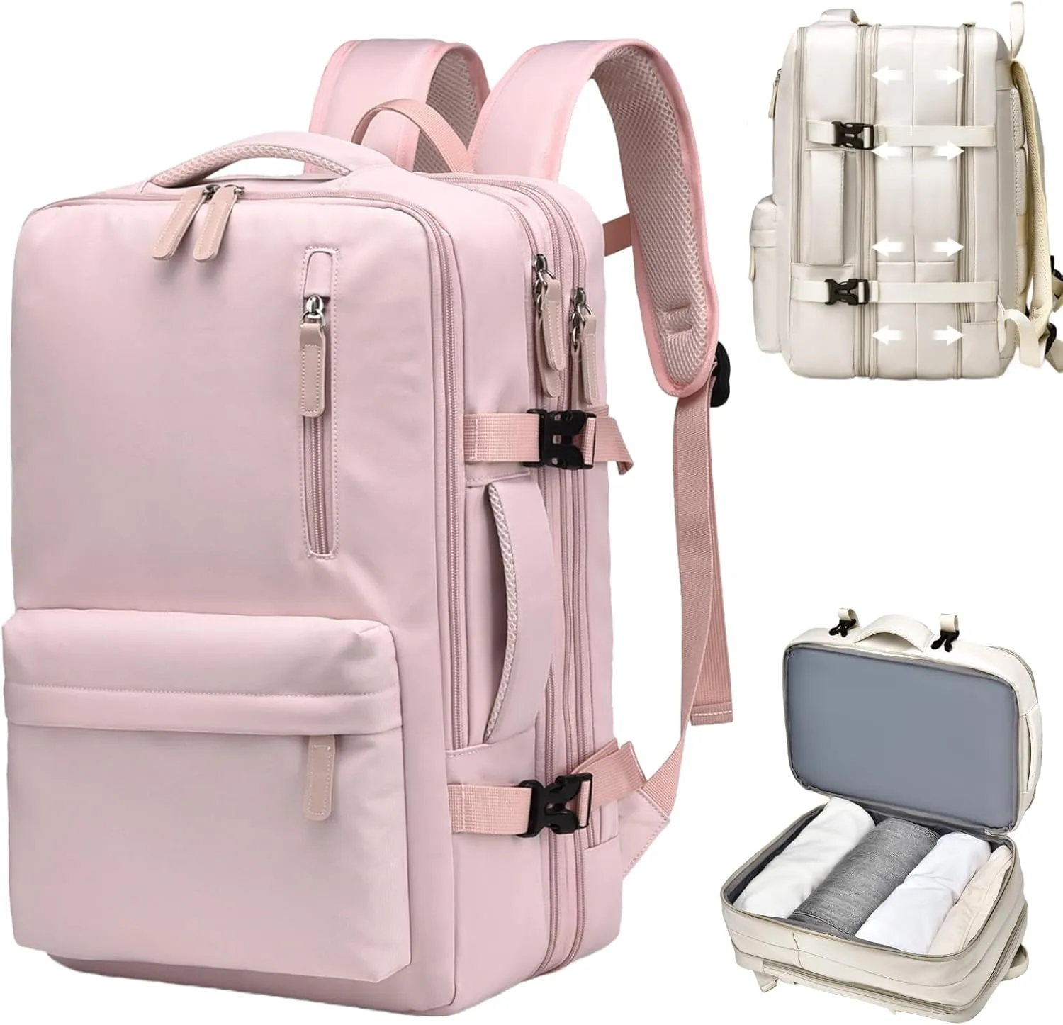 Expandable Travel Backpack for Men Women, Large Carry on Backpack Airplane Approved 15.6" Laptop Backpack with USB Charging Port,Water Resistant Lightweight Daypack for Flight 50L Pink