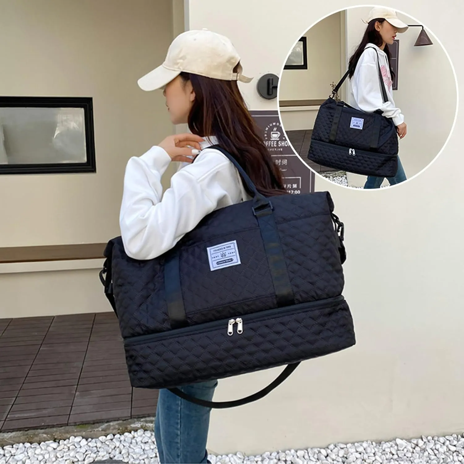 Expandable Weekender Bag for Women - Waterproof Large Capacity Travel Duffle with Multi-Compartment Organizer, Weekend Trips & Business Travel (black)