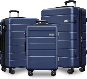 Explorer Expandable Luggage Set 3 Piece, Hardside Carry on Suitcase Sets with Spinner Wheels & TSA Lock, Lightweight Luggage Case for Travel & Business, Navy Blue (20in/24in/28in)