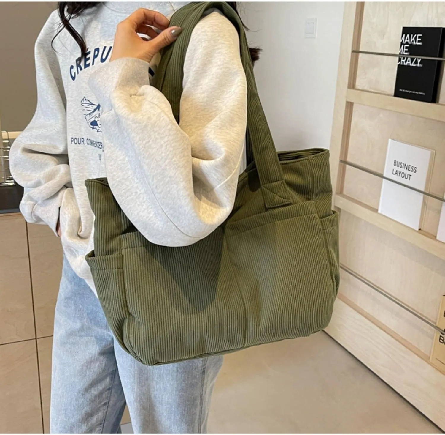 Fall Winter Corduroy Tote Bag Large Capacity Handbag with Multiple Pockets Fashion Shoulder Bag for Women