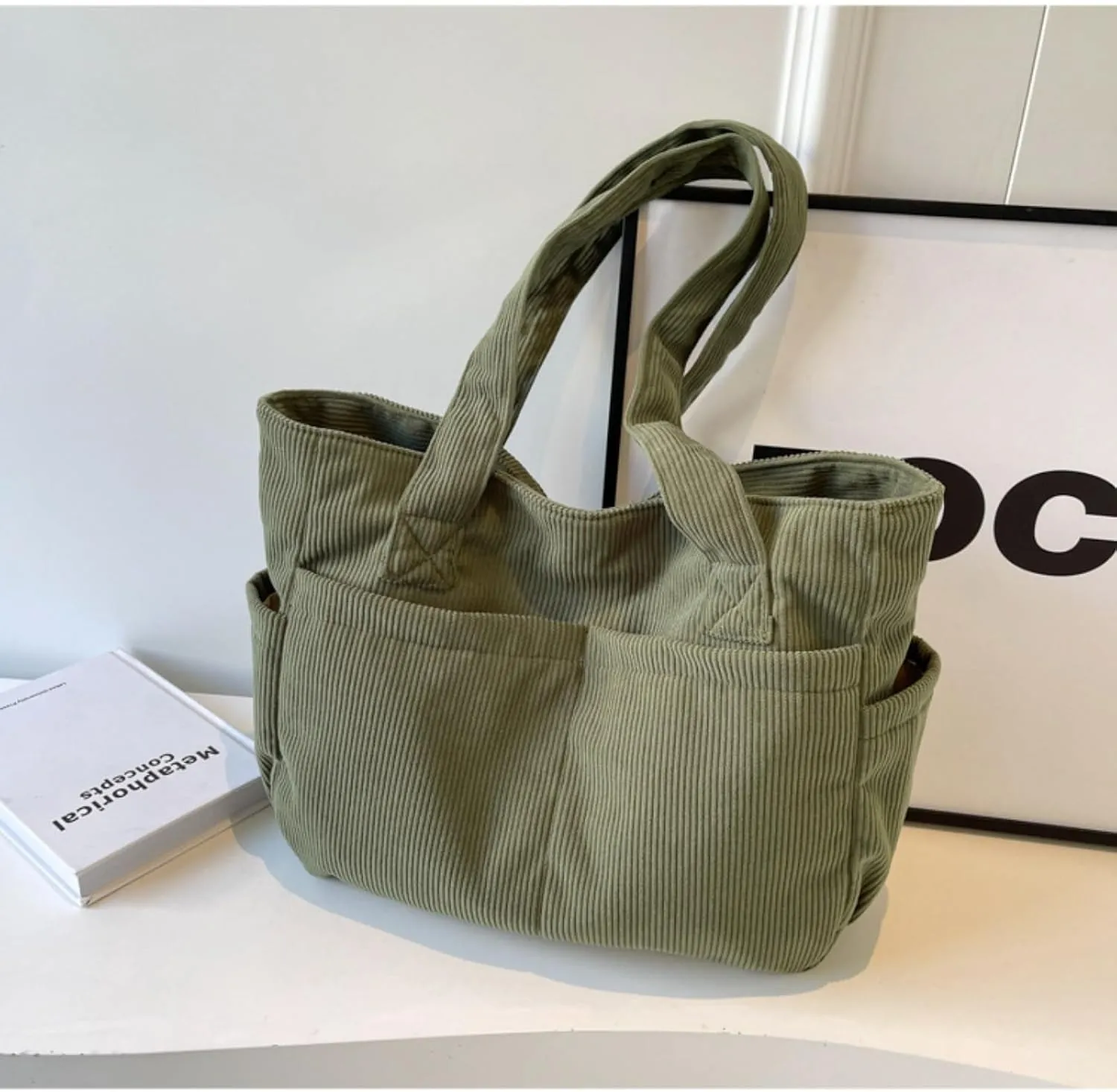 Fall Winter Corduroy Tote Bag Large Capacity Handbag with Multiple Pockets Fashion Shoulder Bag for Women