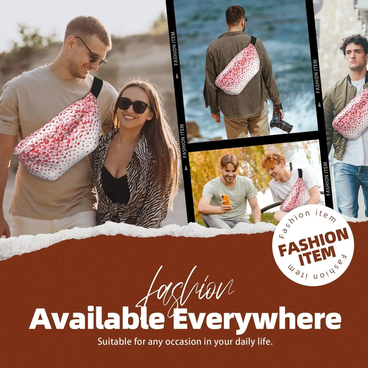 Falling Red Hearts Fanny Pack Crossbody Bag â€“ Fashionable Sling Bag for Travel, Running, Cycling, and Everyday Use