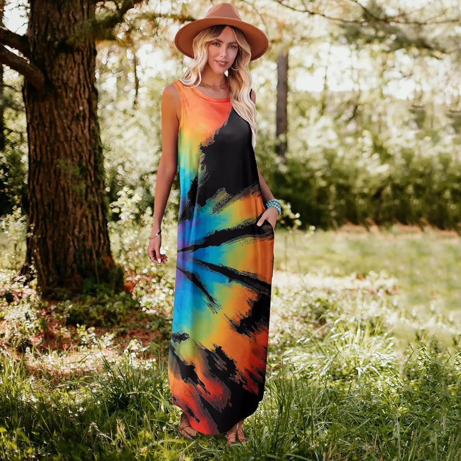 FANDEE Women's Casual Summer Loose Sunresses Long Dresses Sleeveless Split Maxi Beach Dress with Pockets