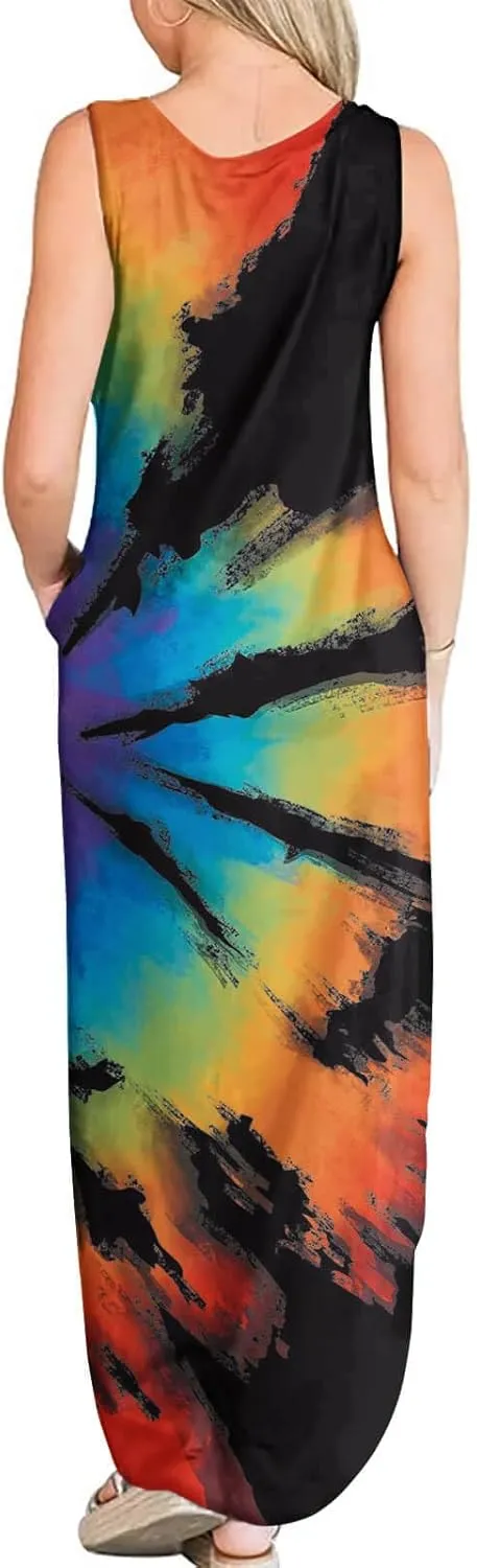 FANDEE Women's Casual Summer Loose Sunresses Long Dresses Sleeveless Split Maxi Beach Dress with Pockets