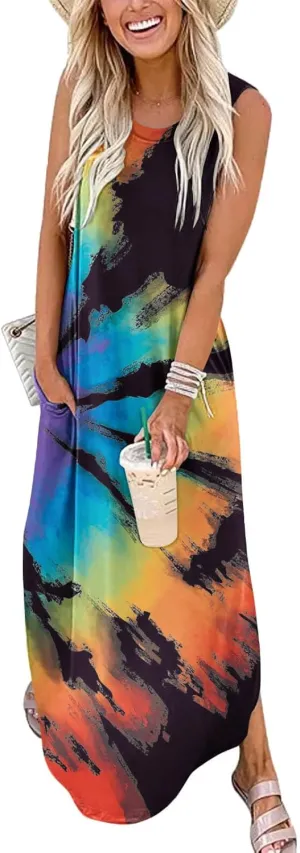 FANDEE Women's Casual Summer Loose Sunresses Long Dresses Sleeveless Split Maxi Beach Dress with Pockets