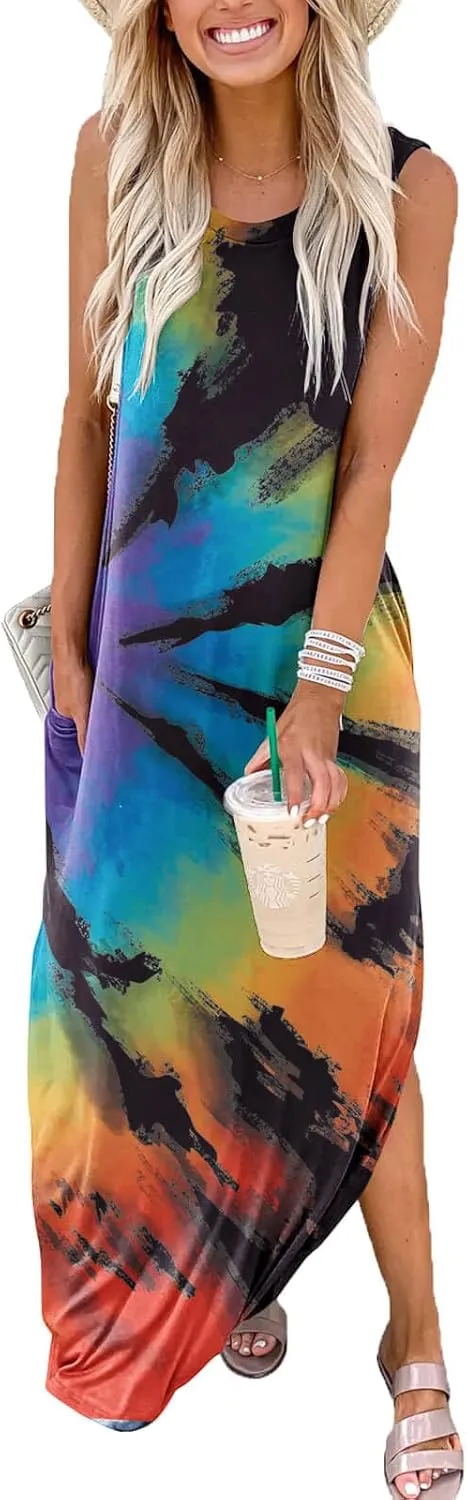 FANDEE Women's Casual Summer Loose Sunresses Long Dresses Sleeveless Split Maxi Beach Dress with Pockets