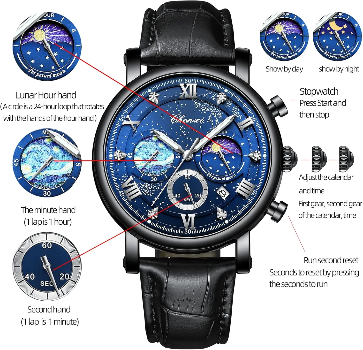 FANMIS Men's Classic Multifunctional Military Sports Analog Watch Business Dress Waterproof Luminous Chronograph Starry Sky Moon Phase Leather Wristwatch
