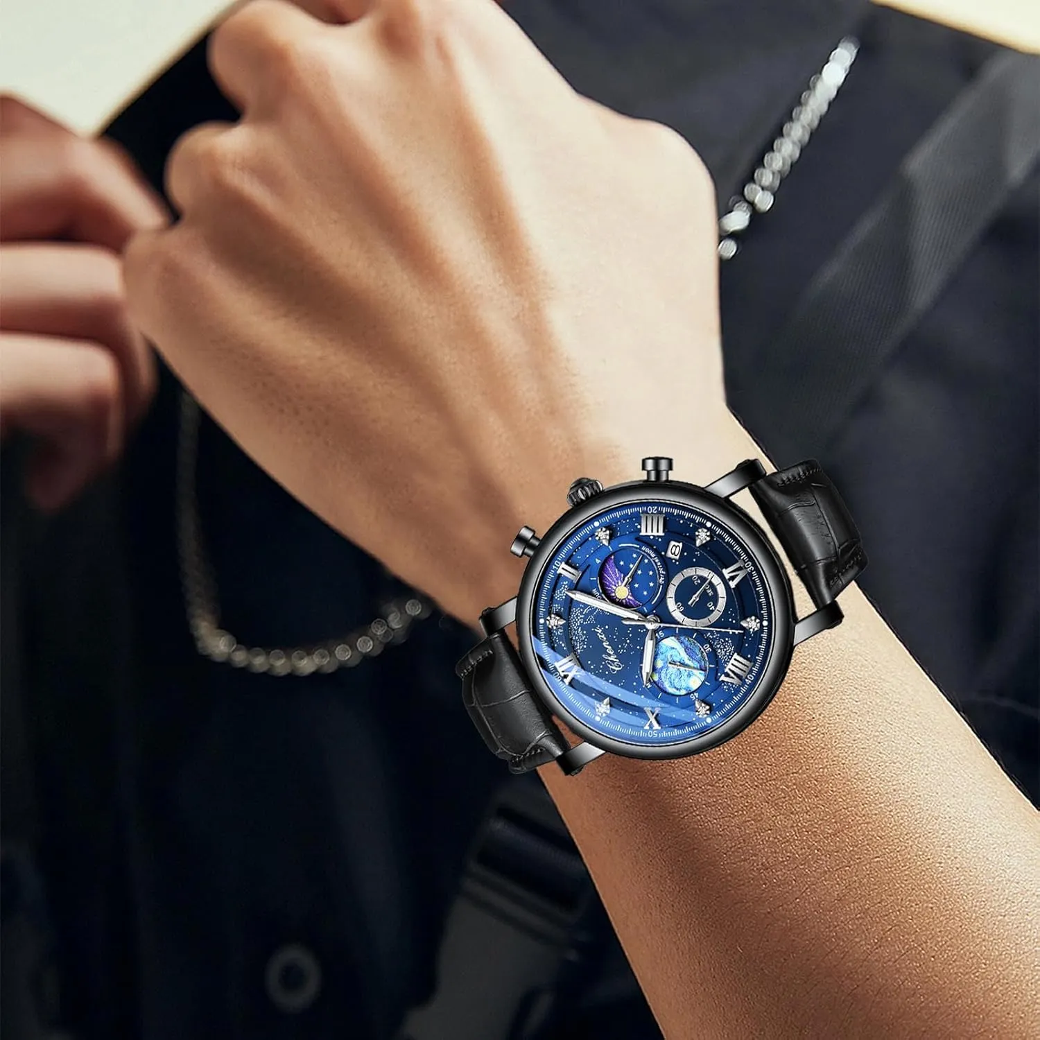 FANMIS Men's Classic Multifunctional Military Sports Analog Watch Business Dress Waterproof Luminous Chronograph Starry Sky Moon Phase Leather Wristwatch