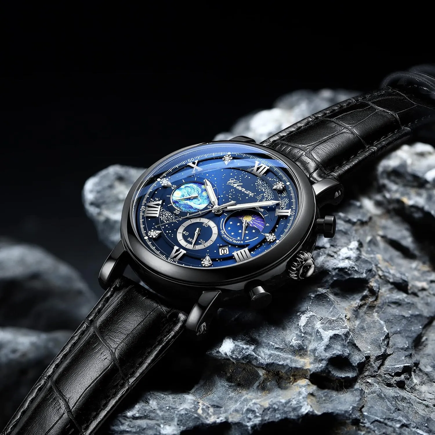 FANMIS Men's Classic Multifunctional Military Sports Analog Watch Business Dress Waterproof Luminous Chronograph Starry Sky Moon Phase Leather Wristwatch