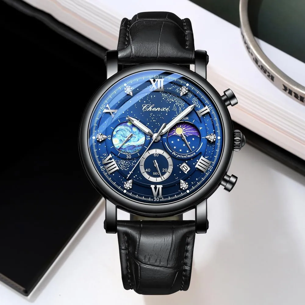 FANMIS Men's Classic Multifunctional Military Sports Analog Watch Business Dress Waterproof Luminous Chronograph Starry Sky Moon Phase Leather Wristwatch