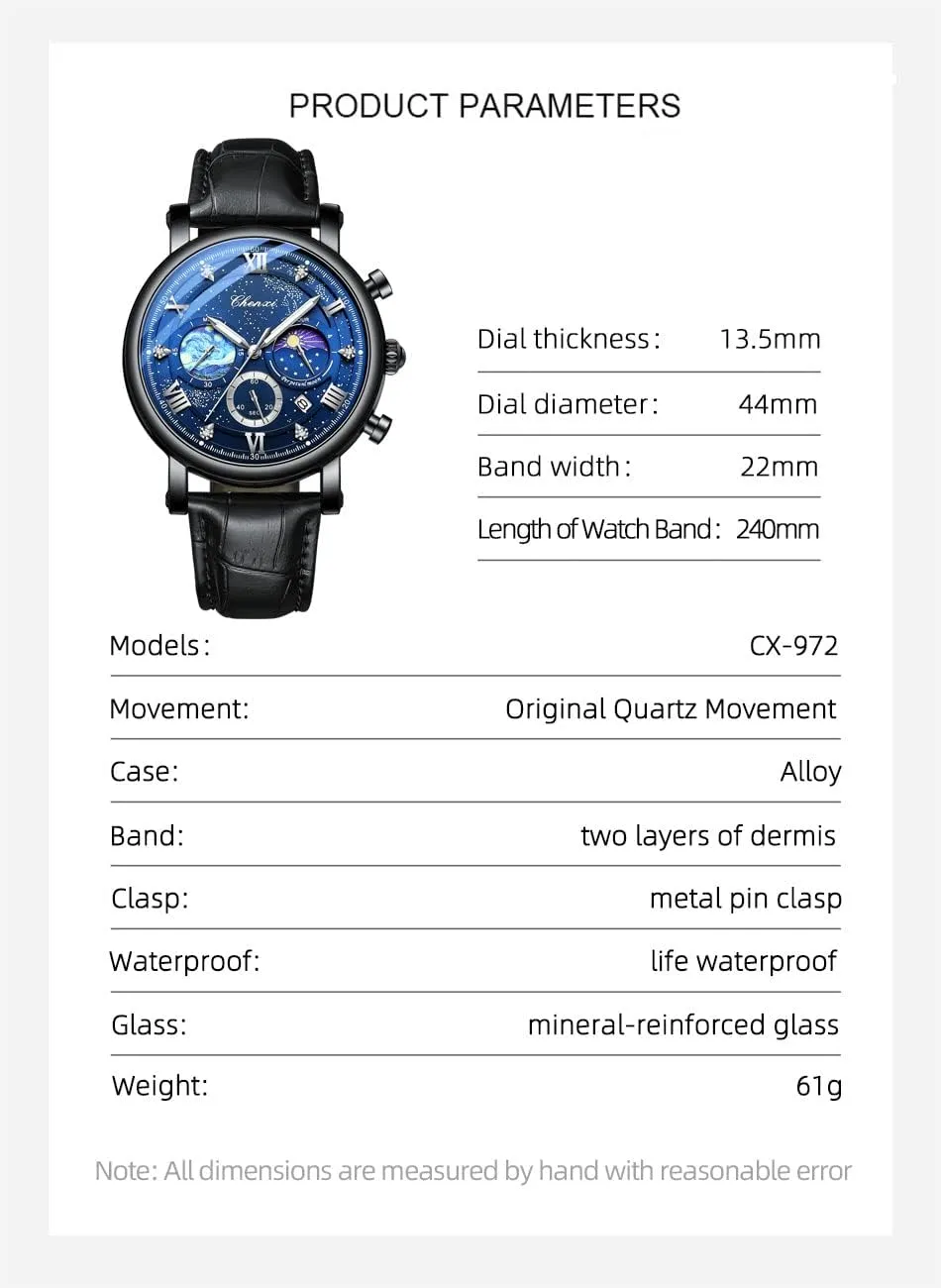 FANMIS Men's Classic Multifunctional Military Sports Analog Watch Business Dress Waterproof Luminous Chronograph Starry Sky Moon Phase Leather Wristwatch