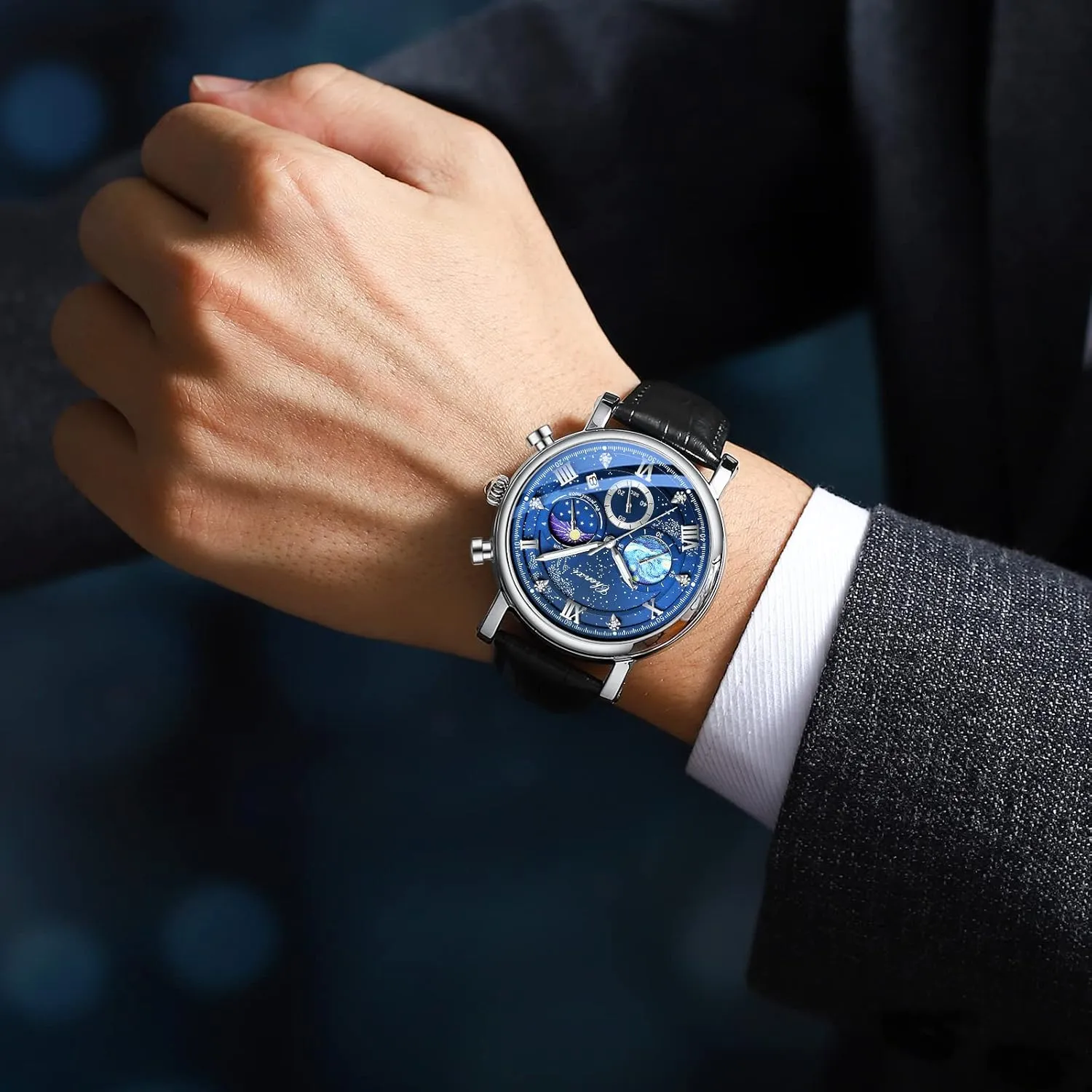 FANMIS Men's Classic Multifunctional Military Sports Analog Watch Business Dress Waterproof Luminous Chronograph Starry Sky Moon Phase Leather Wristwatch