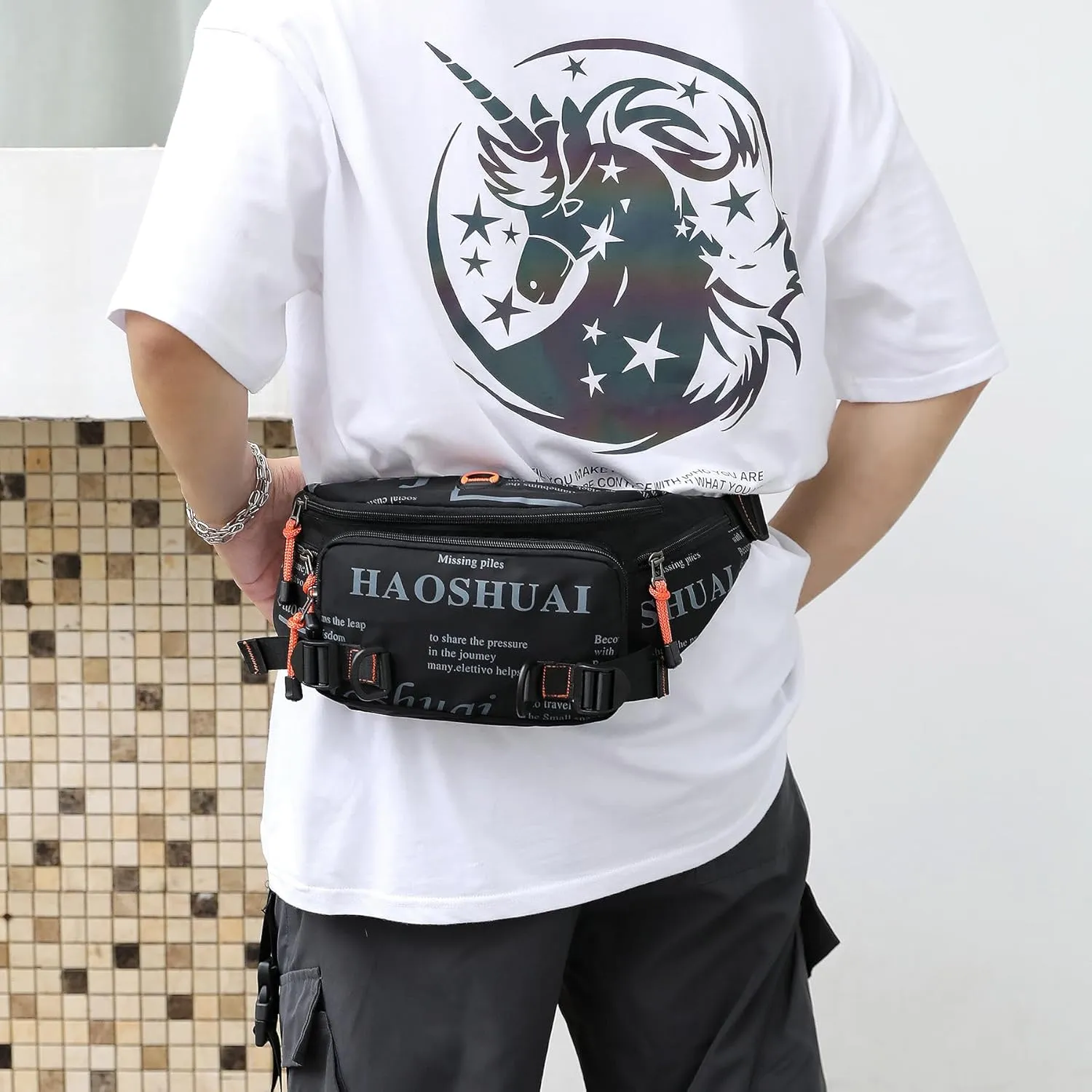 Fanny Pack for Men Women Waist Bag with Headphone Jack Utility Hip Belt Pouch Crossbody Bags Bumbag for Cycling Hiking Walking Fishing Black02