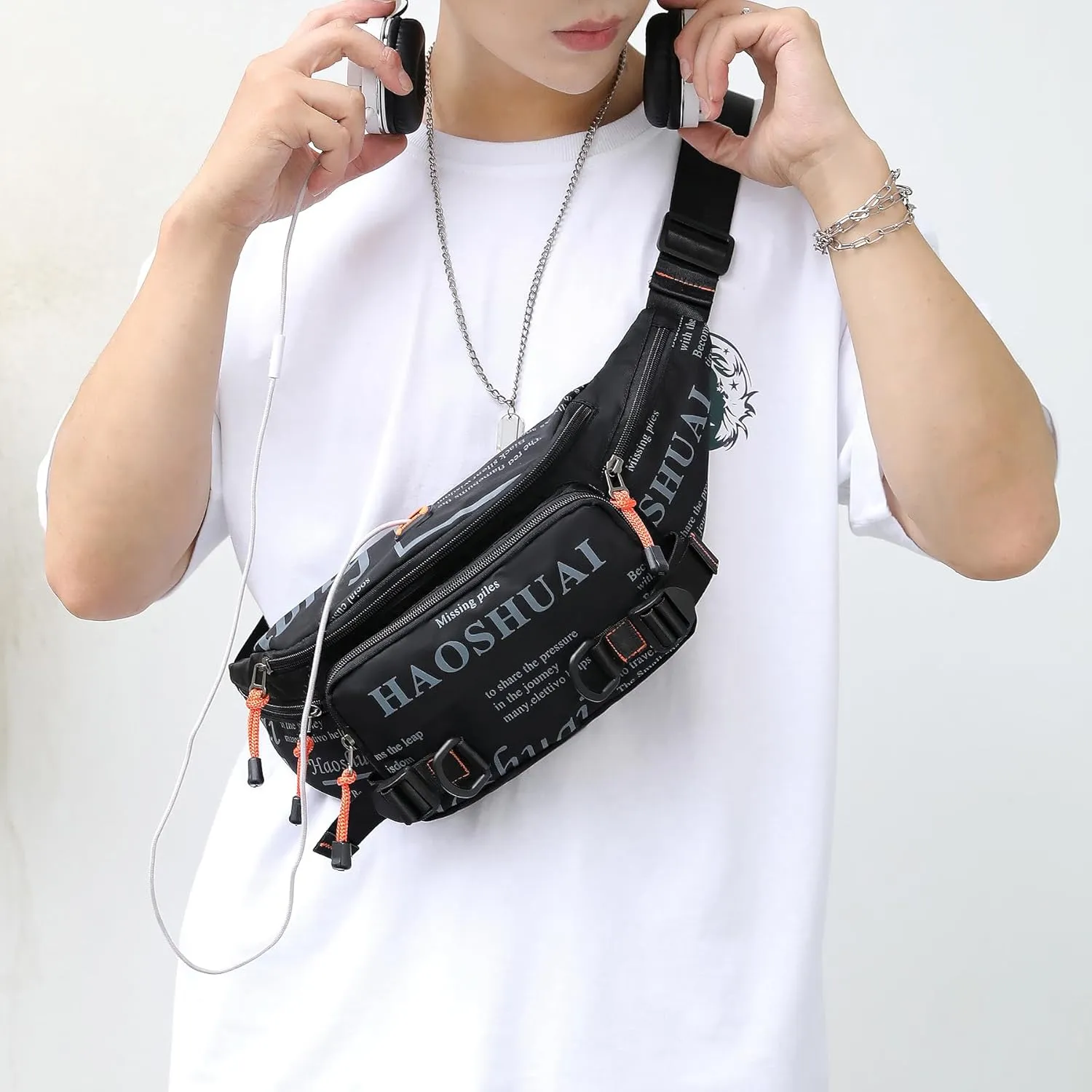 Fanny Pack for Men Women Waist Bag with Headphone Jack Utility Hip Belt Pouch Crossbody Bags Bumbag for Cycling Hiking Walking Fishing Black02