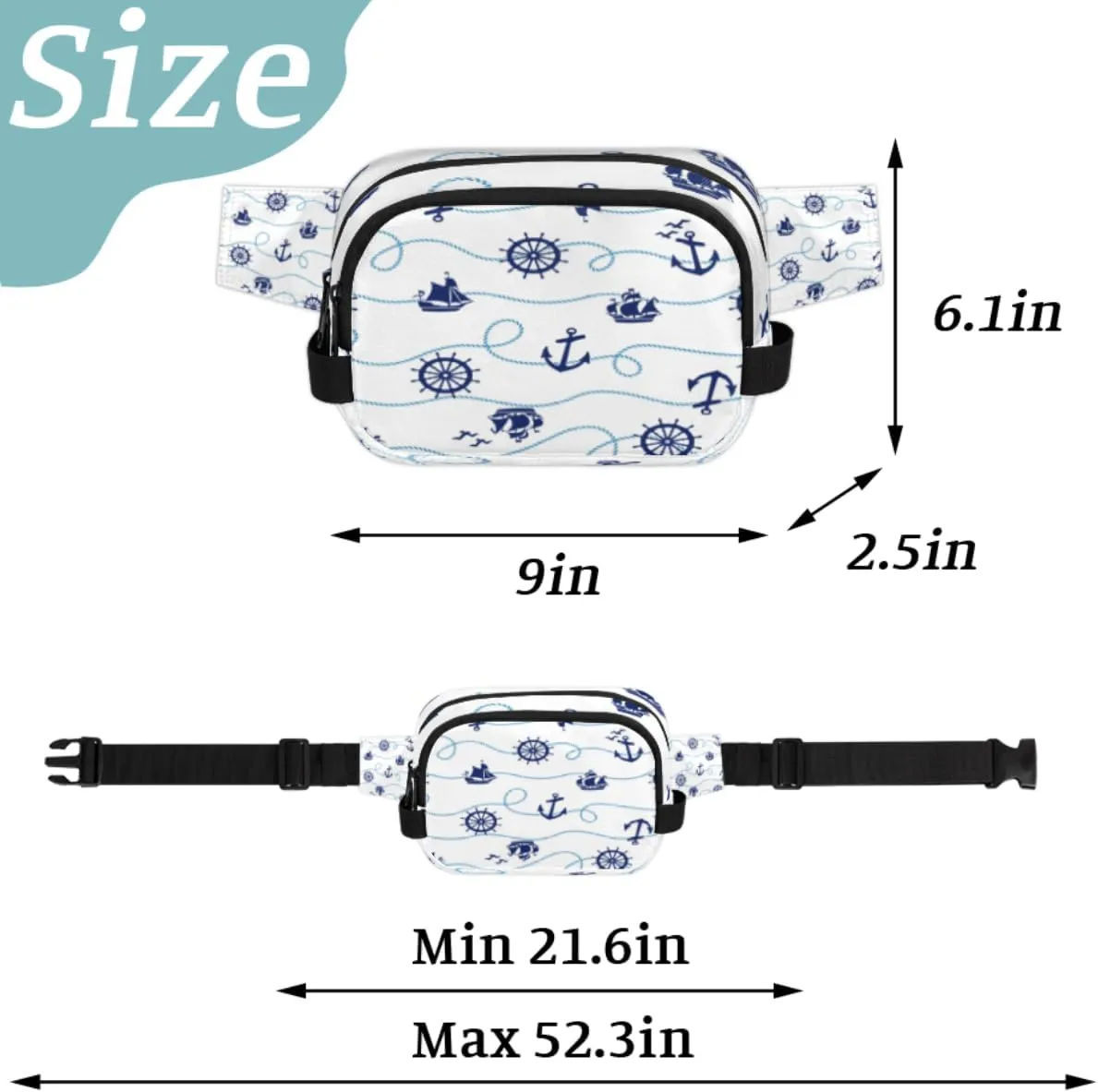 Fanny Pack for Women Men Anchor Rudder Sailboat Crossbody Belt Bag with 3 Zipper Pockets Fashion Waterproof Waist Pack with Adjustable Strap for Travel Running Hiking Cycling