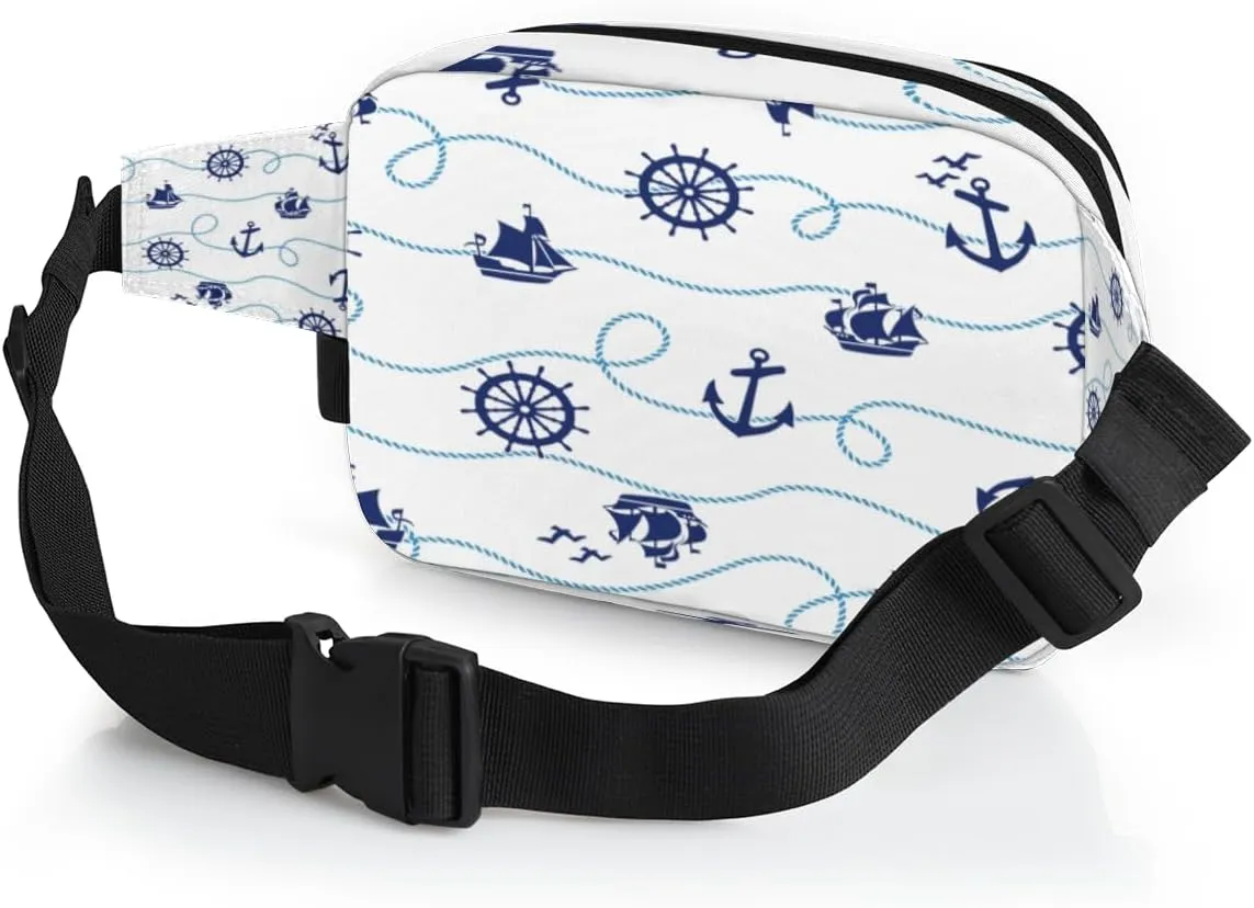Fanny Pack for Women Men Anchor Rudder Sailboat Crossbody Belt Bag with 3 Zipper Pockets Fashion Waterproof Waist Pack with Adjustable Strap for Travel Running Hiking Cycling