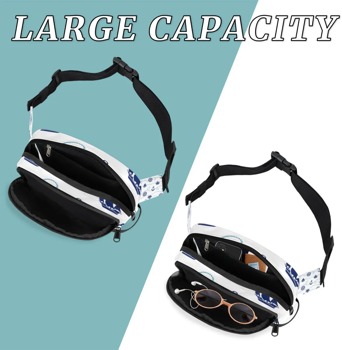 Fanny Pack for Women Men Anchor Rudder Sailboat Crossbody Belt Bag with 3 Zipper Pockets Fashion Waterproof Waist Pack with Adjustable Strap for Travel Running Hiking Cycling