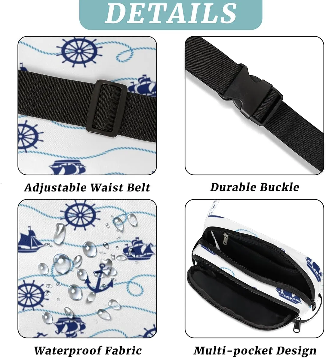 Fanny Pack for Women Men Anchor Rudder Sailboat Crossbody Belt Bag with 3 Zipper Pockets Fashion Waterproof Waist Pack with Adjustable Strap for Travel Running Hiking Cycling
