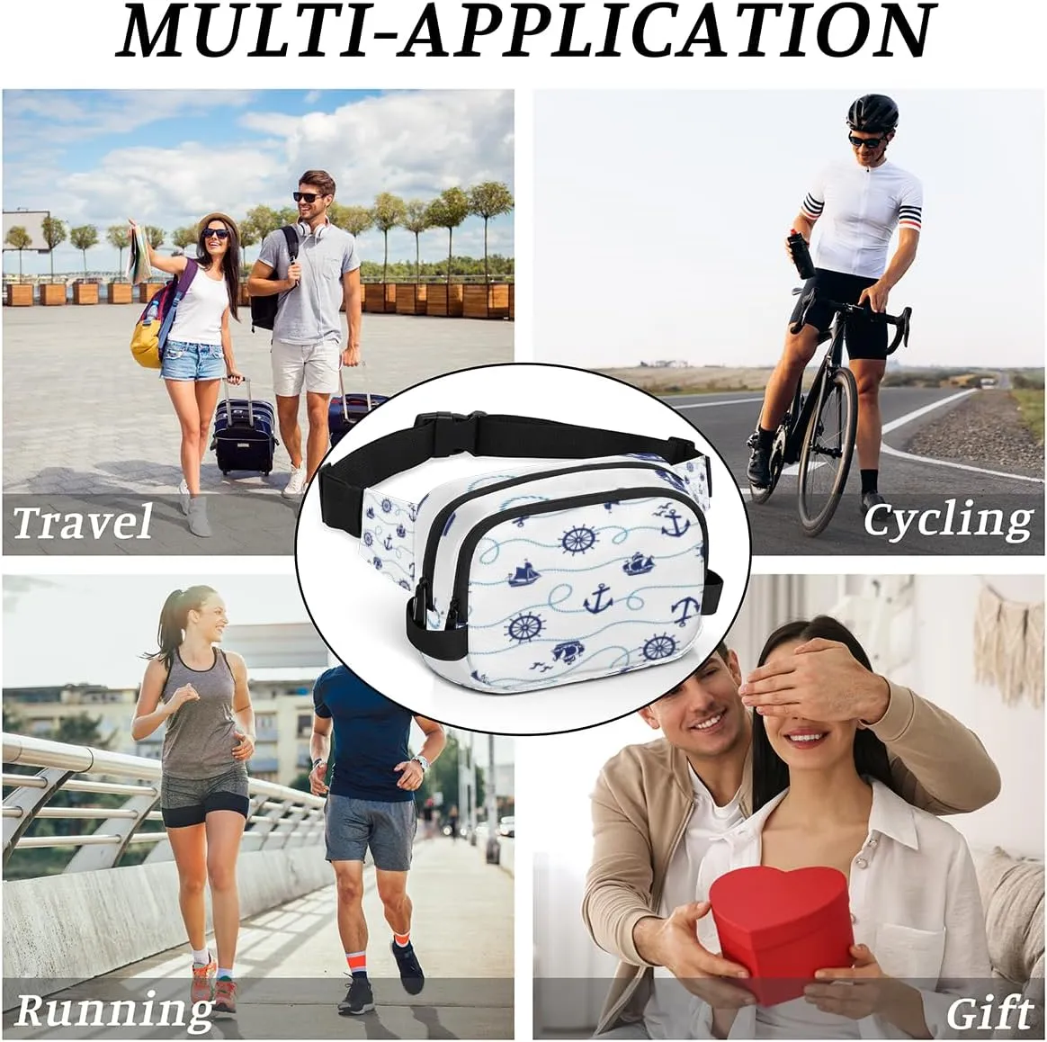 Fanny Pack for Women Men Anchor Rudder Sailboat Crossbody Belt Bag with 3 Zipper Pockets Fashion Waterproof Waist Pack with Adjustable Strap for Travel Running Hiking Cycling