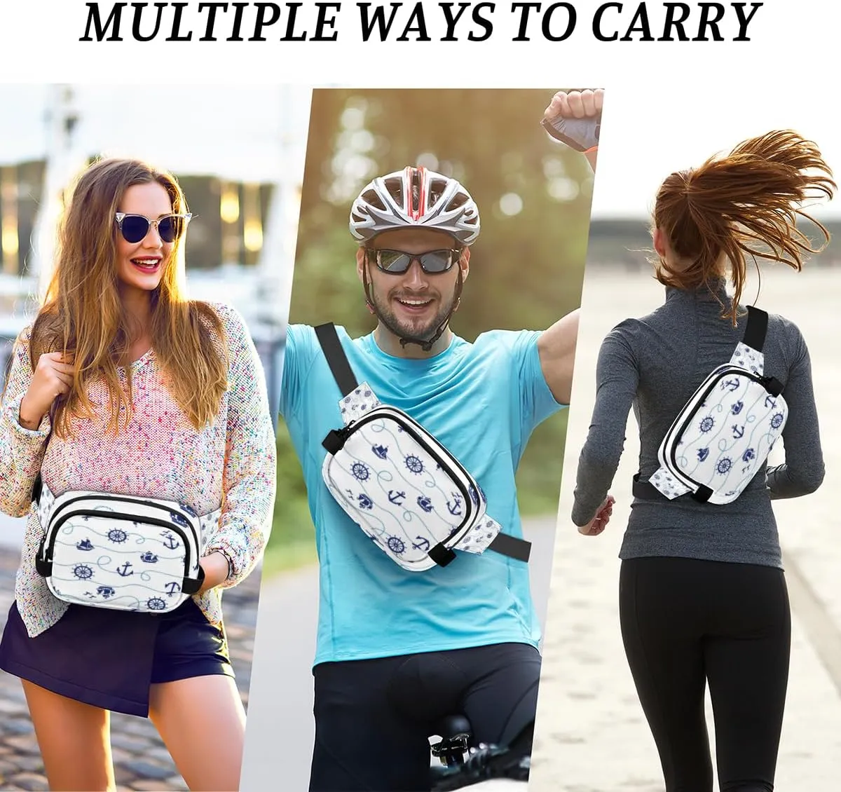 Fanny Pack for Women Men Anchor Rudder Sailboat Crossbody Belt Bag with 3 Zipper Pockets Fashion Waterproof Waist Pack with Adjustable Strap for Travel Running Hiking Cycling