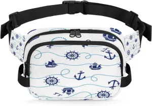 Fanny Pack for Women Men Anchor Rudder Sailboat Crossbody Belt Bag with 3 Zipper Pockets Fashion Waterproof Waist Pack with Adjustable Strap for Travel Running Hiking Cycling
