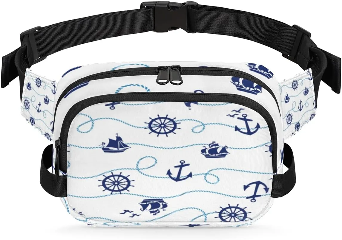 Fanny Pack for Women Men Anchor Rudder Sailboat Crossbody Belt Bag with 3 Zipper Pockets Fashion Waterproof Waist Pack with Adjustable Strap for Travel Running Hiking Cycling