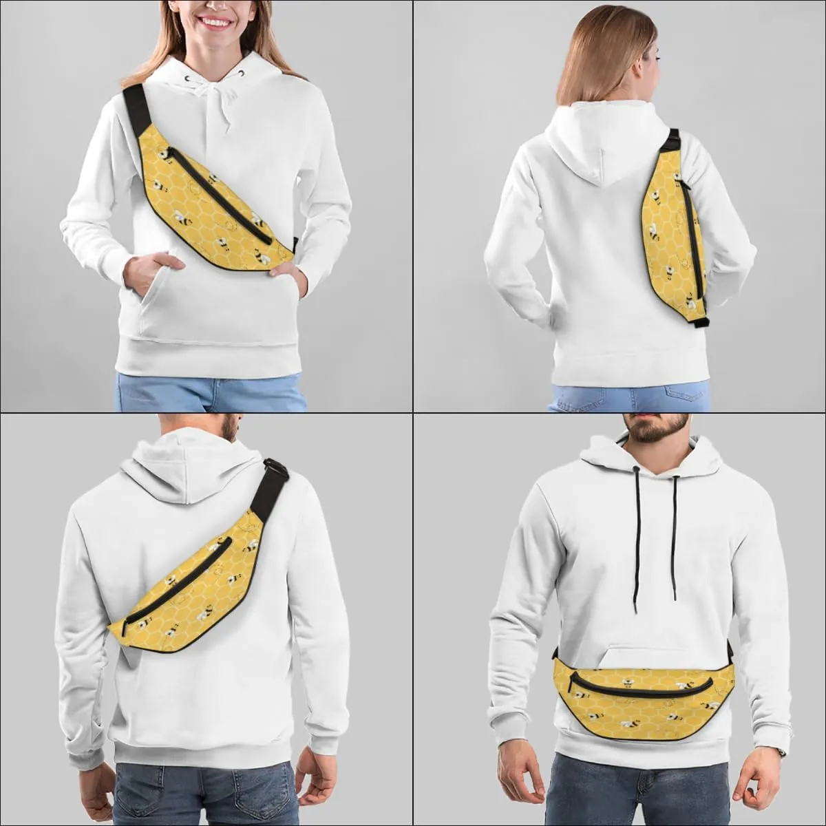 Fanny Pack for Women Men Waist Pack Cartoon Bee Geometric Patterns Crossbody Bag with Adjustable Straps for Hiking Running Walking Travel Cycling
