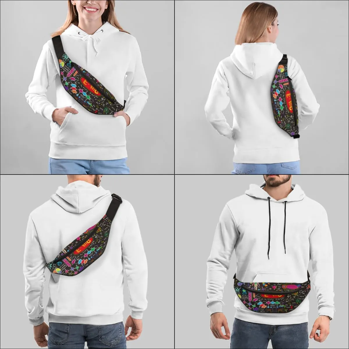 Fanny Pack for Women Men Waist Pack Cartoon Physics Element Pattern Crossbody Bag with Adjustable Straps for Hiking Running Walking Travel Cycling