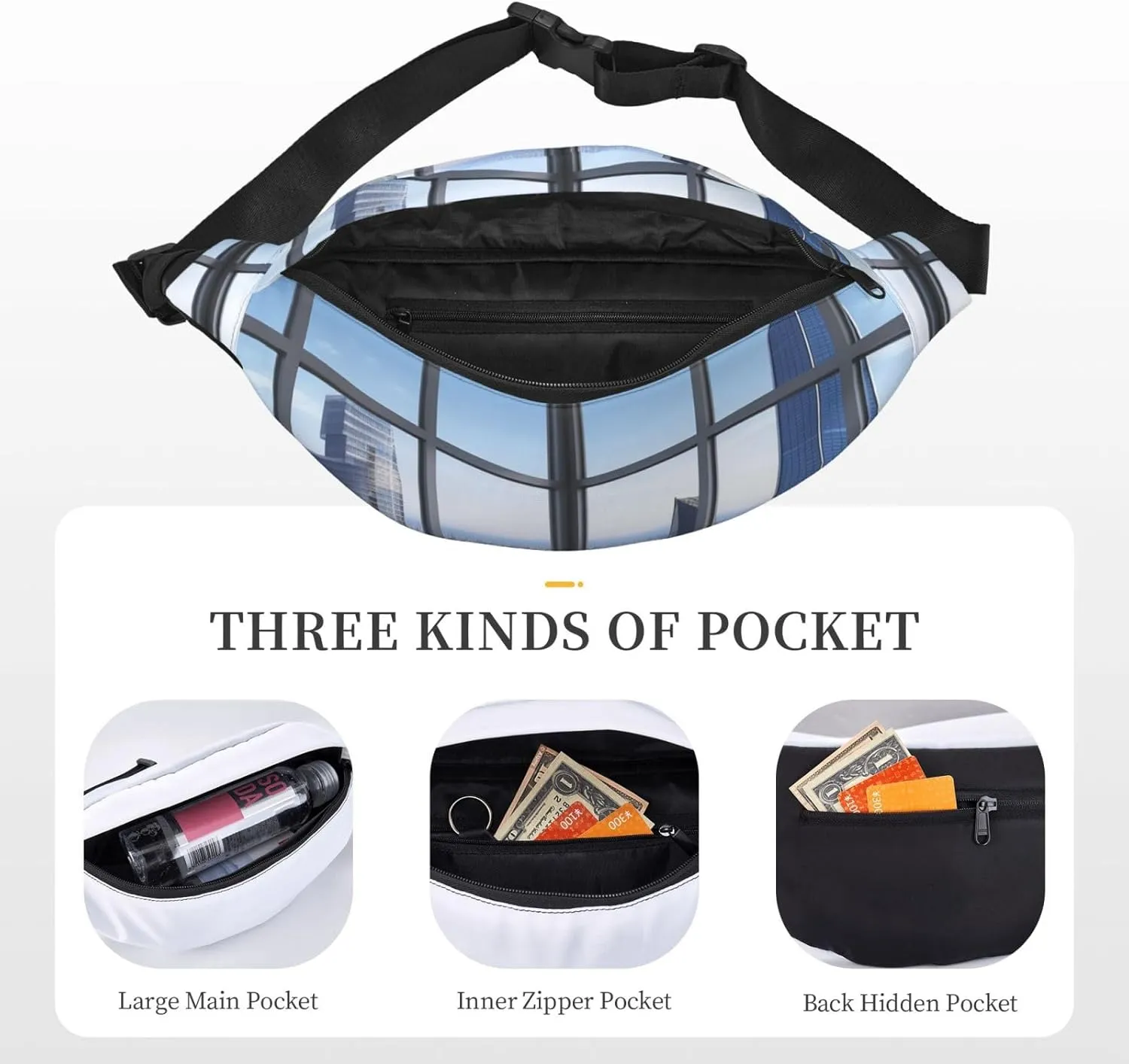 Fanny Packs For Women Men Waist Bag Waterproof Sport Belt Bag Skyscraper Buildings Fashion Waist Pack Adjustable Crossbody Bags Zipper Bum Bag For Running Hiking Travel