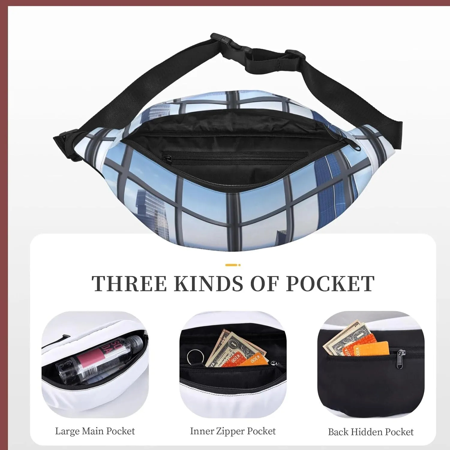 Fanny Packs For Women Men Waist Bag Waterproof Sport Belt Bag Skyscraper Buildings Fashion Waist Pack Adjustable Crossbody Bags Zipper Bum Bag For Running Hiking Travel