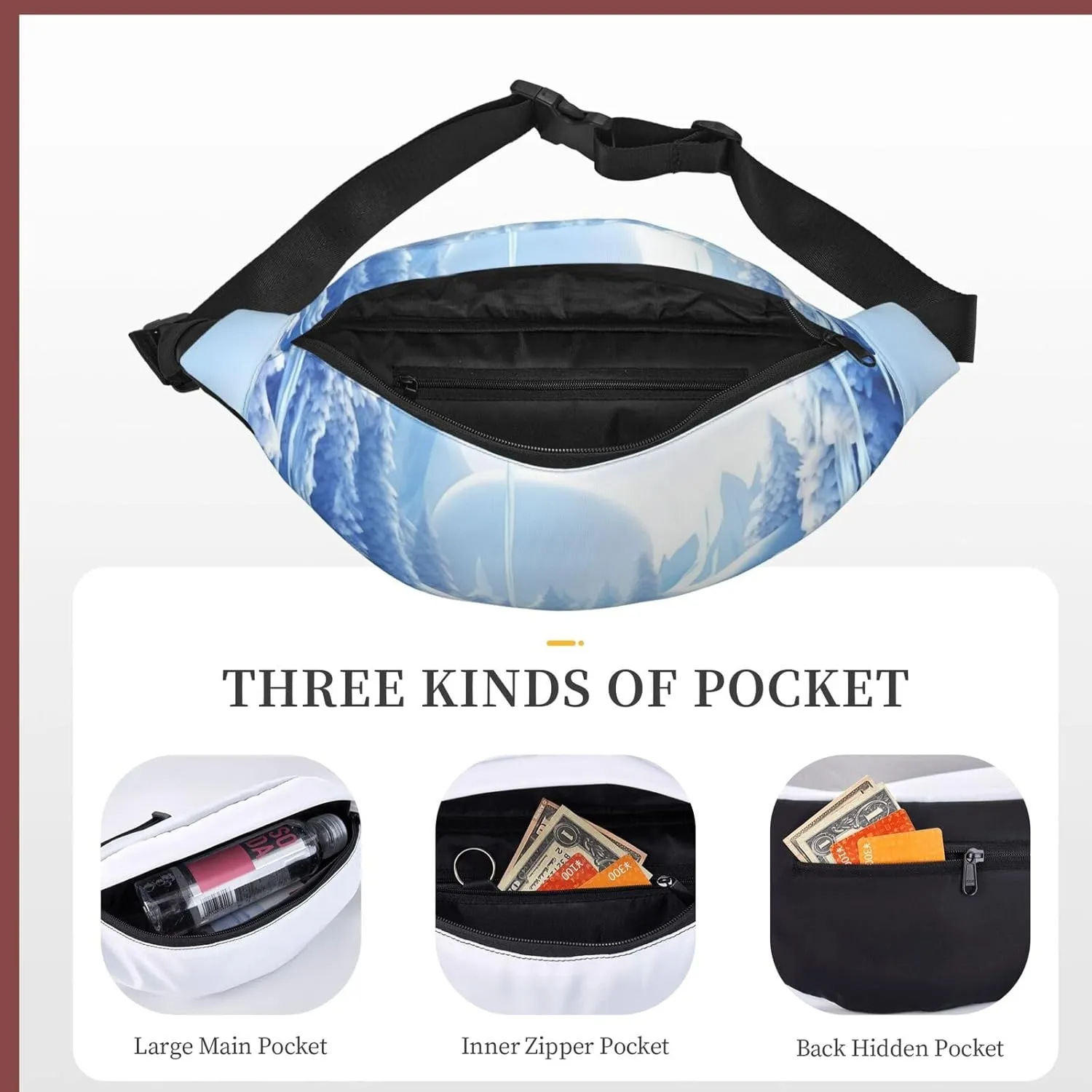 Fanny Packs For Women Men Waist Bag Waterproof Sport Belt Bag Snow Ice World Fashion Waist Pack Adjustable Crossbody Bags Zipper Bum Bag For Running Hiking Travel