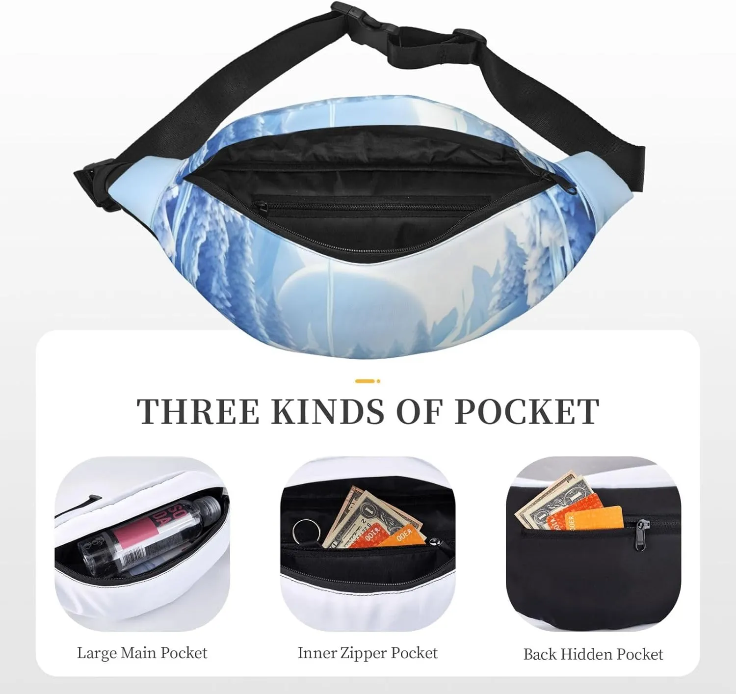 Fanny Packs For Women Men Waist Bag Waterproof Sport Belt Bag Snow Ice World Fashion Waist Pack Adjustable Crossbody Bags Zipper Bum Bag For Running Hiking Travel