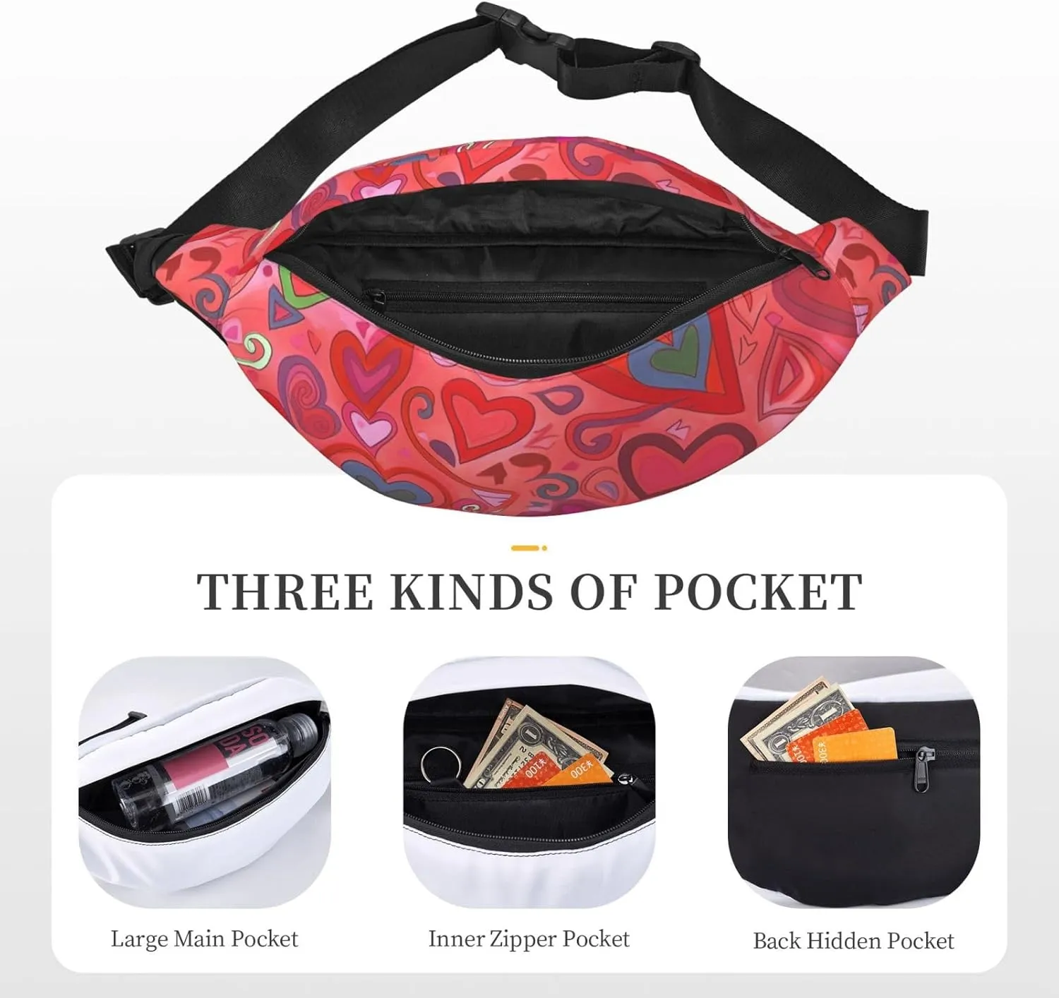 Fanny Packs For Women Men Waist Bag Waterproof Sport Belt Bag Valentines Day Fashion Waist Pack Adjustable Crossbody Bags Zipper Bum Bag For Running Hiking Travel