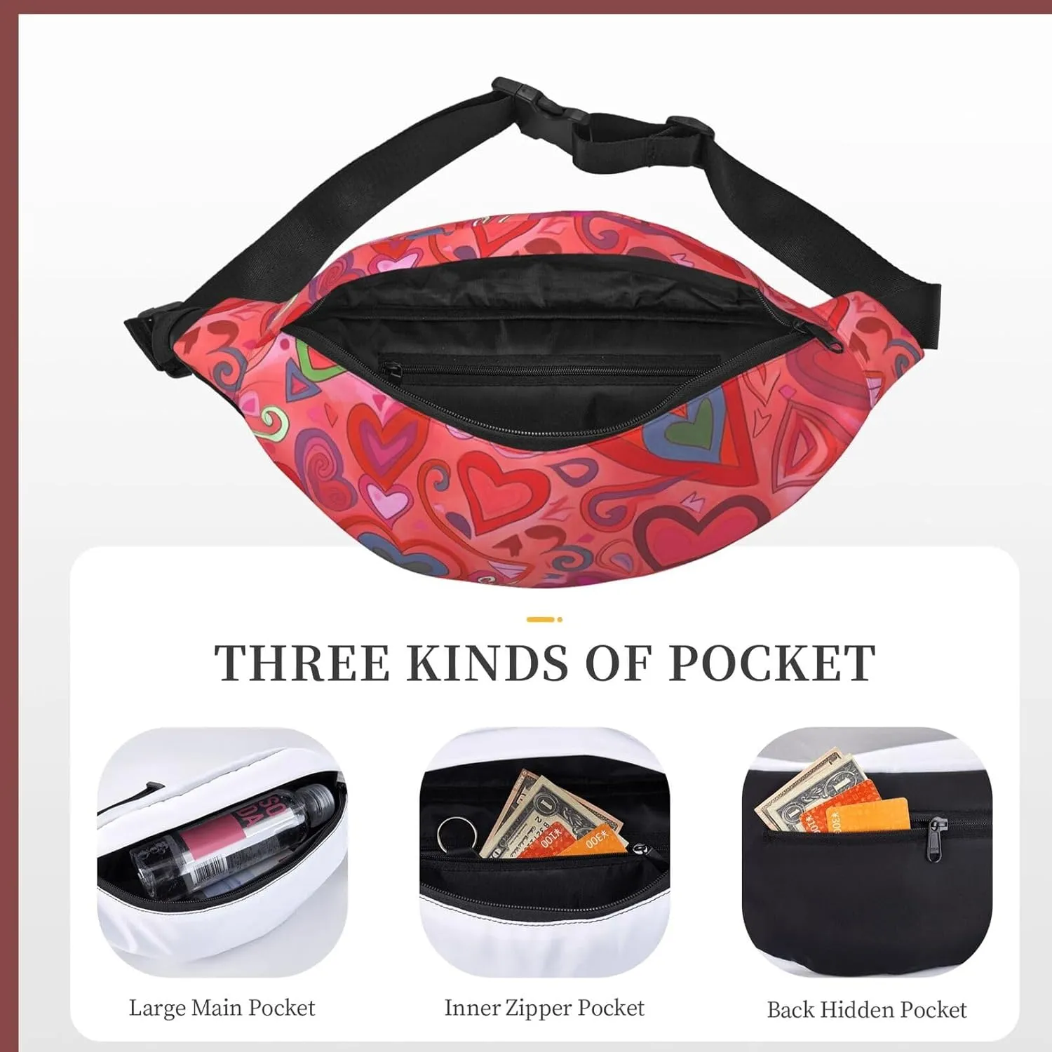 Fanny Packs For Women Men Waist Bag Waterproof Sport Belt Bag Valentines Day Fashion Waist Pack Adjustable Crossbody Bags Zipper Bum Bag For Running Hiking Travel