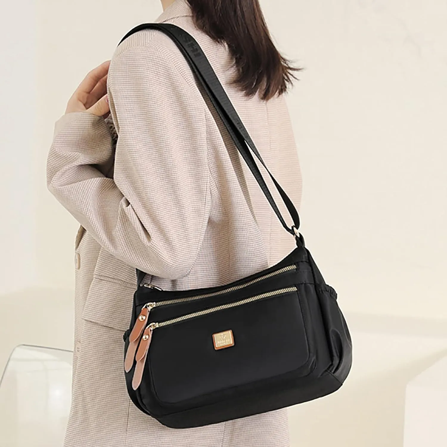 Fashion Multicolor Nylon Fabric Large Capacity Zipper Adjustable Shoulder Strap Messenger Bag Satchel (Black, One Size)