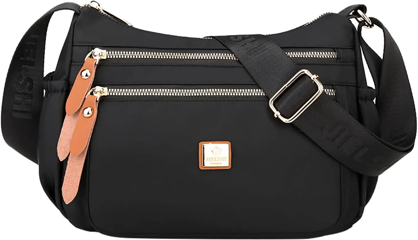 Fashion Multicolor Nylon Fabric Large Capacity Zipper Adjustable Shoulder Strap Messenger Bag Satchel (Black, One Size)