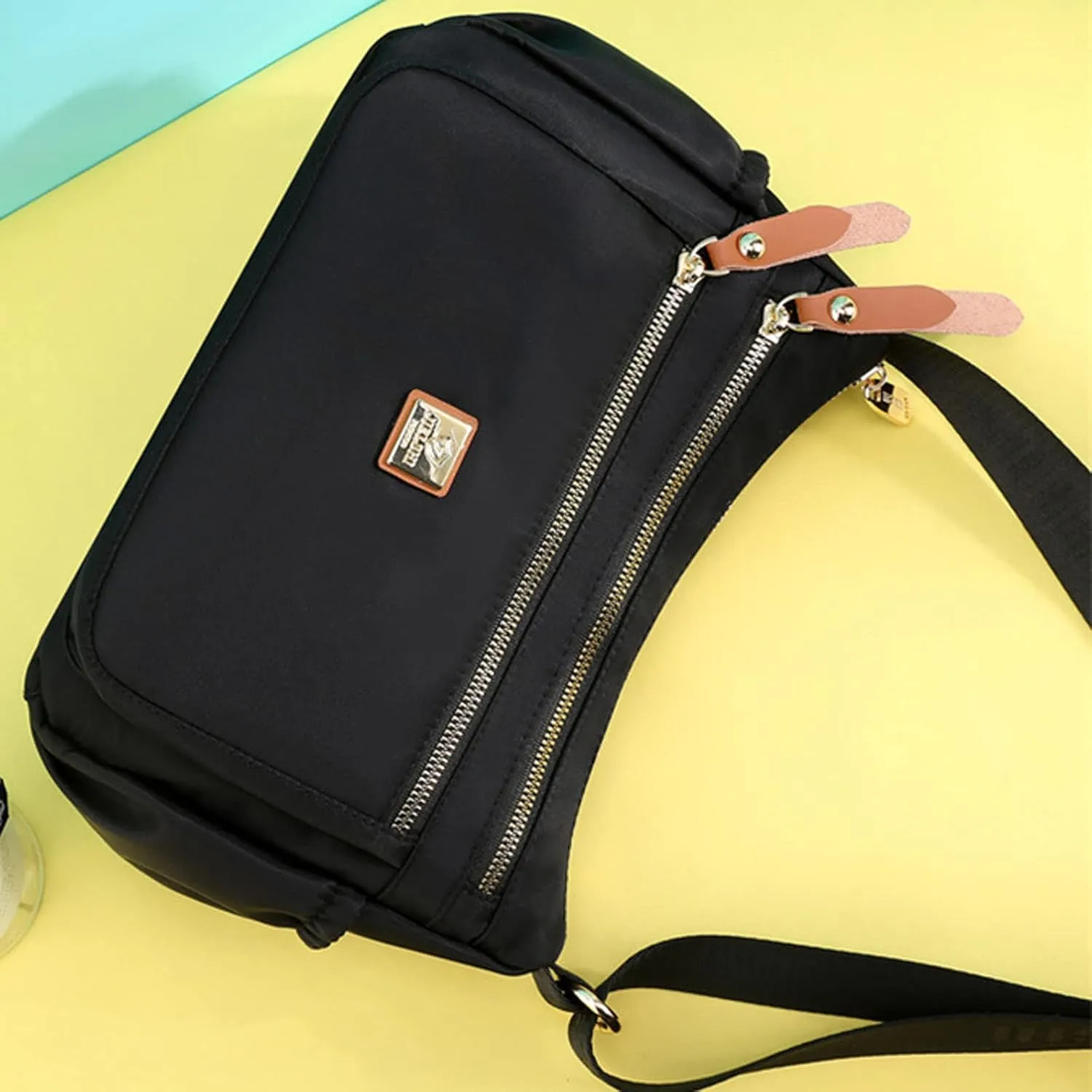 Fashion Multicolor Nylon Fabric Large Capacity Zipper Adjustable Shoulder Strap Messenger Bag Satchel (Black, One Size)