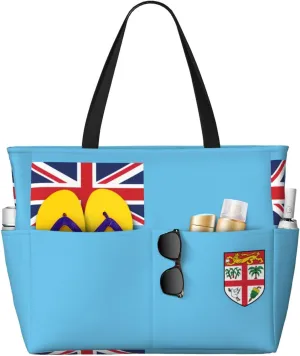 Fiji Flag Print 28L Beach Tote Bag, Water-resistant Travel Tote, Lightweight Gym & Camping Carryall