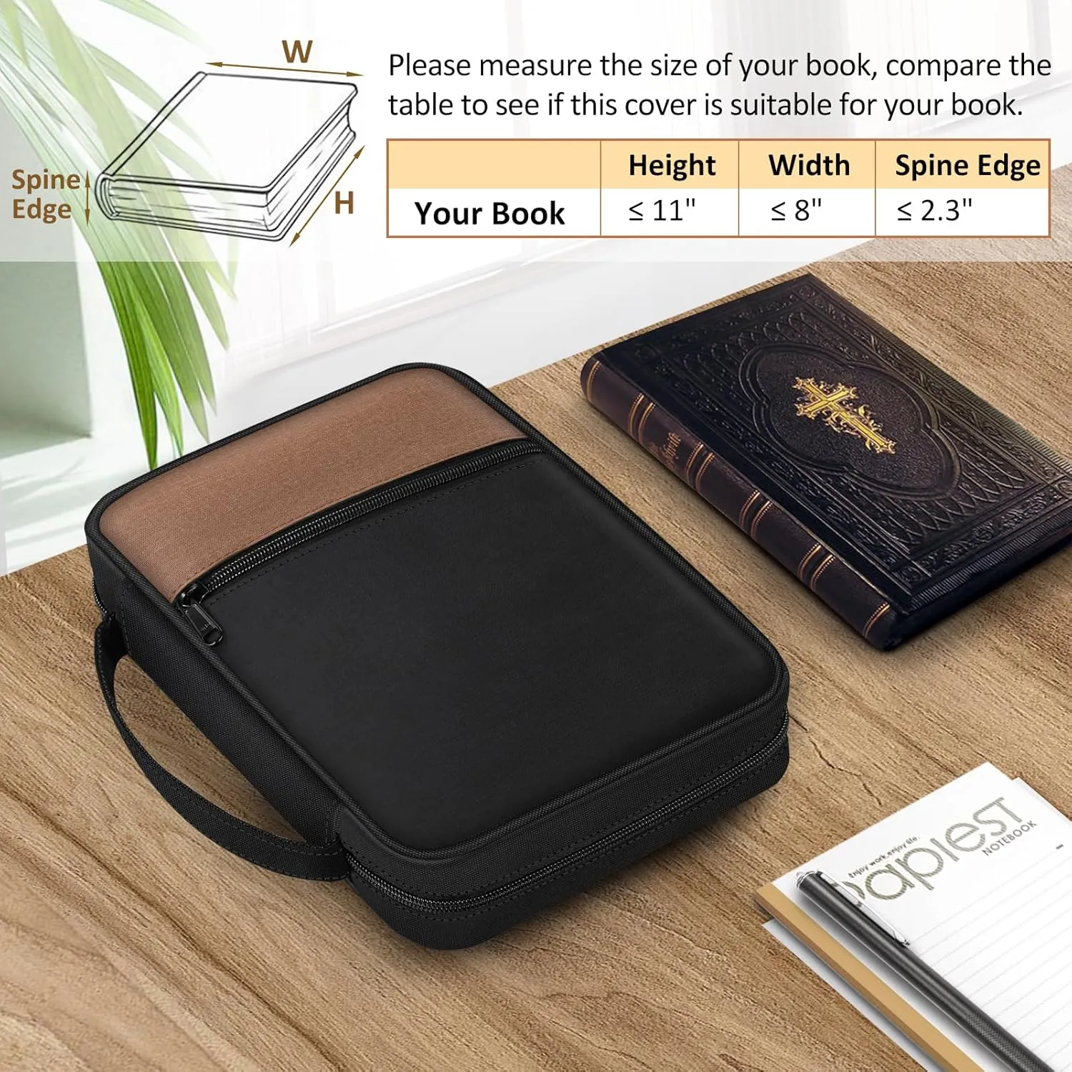 FINPAC Bible Cover, Carrying Book Case Church Bag Bible Protective with Handle and Zippered Pocket, Gift for Mother Lady Women Men, Black & Brown