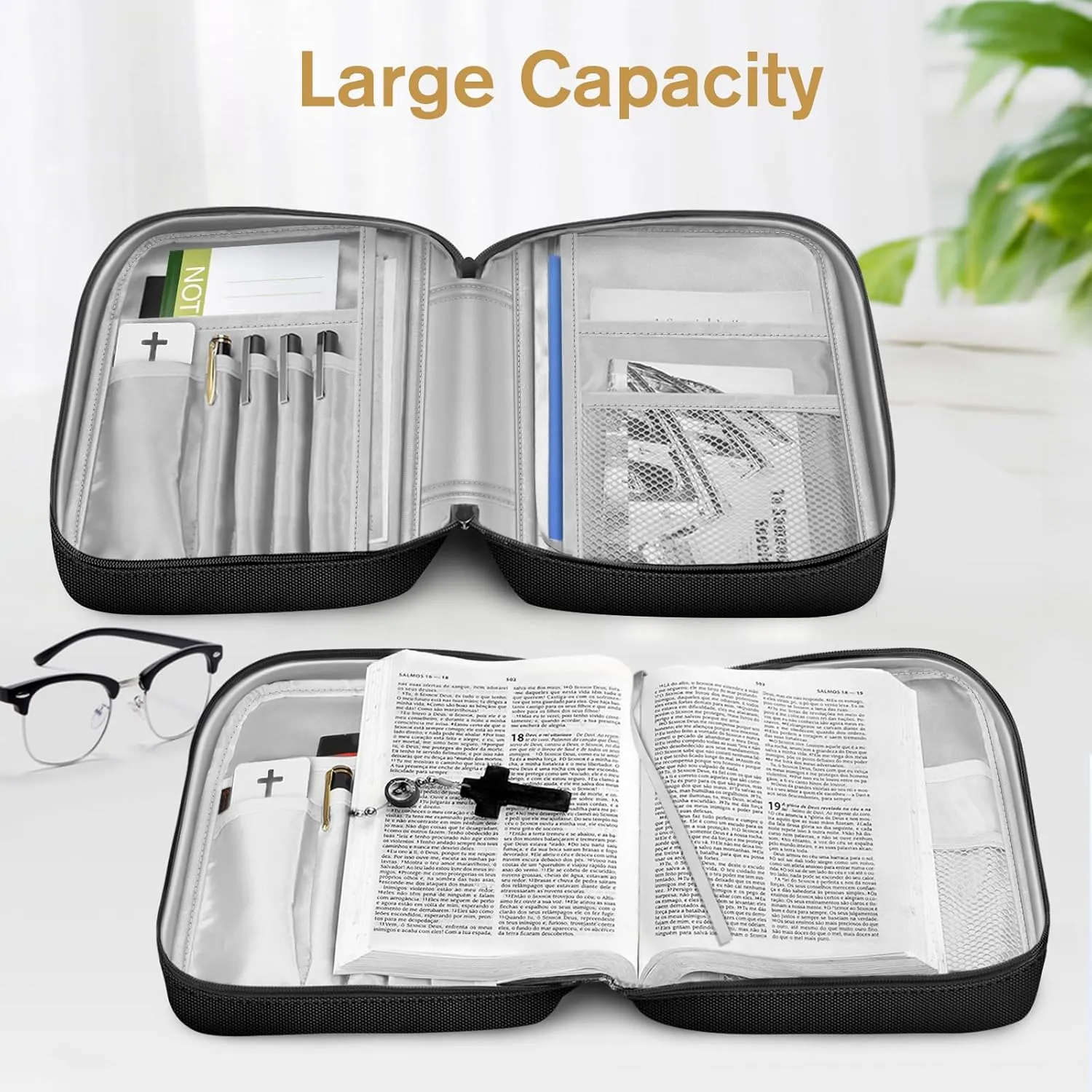 FINPAC Bible Cover, Carrying Book Case Church Bag Bible Protective with Handle and Zippered Pocket, Gift for Mother Lady Women Men, Black & Brown