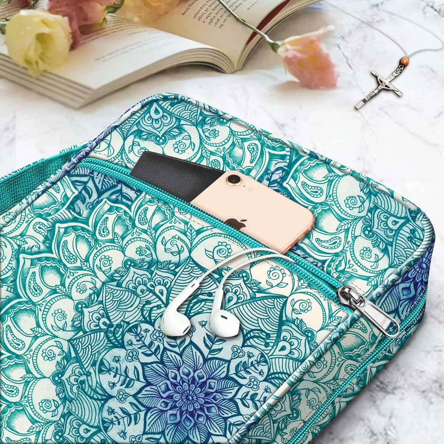 FINPAC Bible Cover, Carrying Book Case Church Bag Bible Protective with Handle and Zippered Pocket, Gift for Mother Lady Women Men, Emerald Illusions