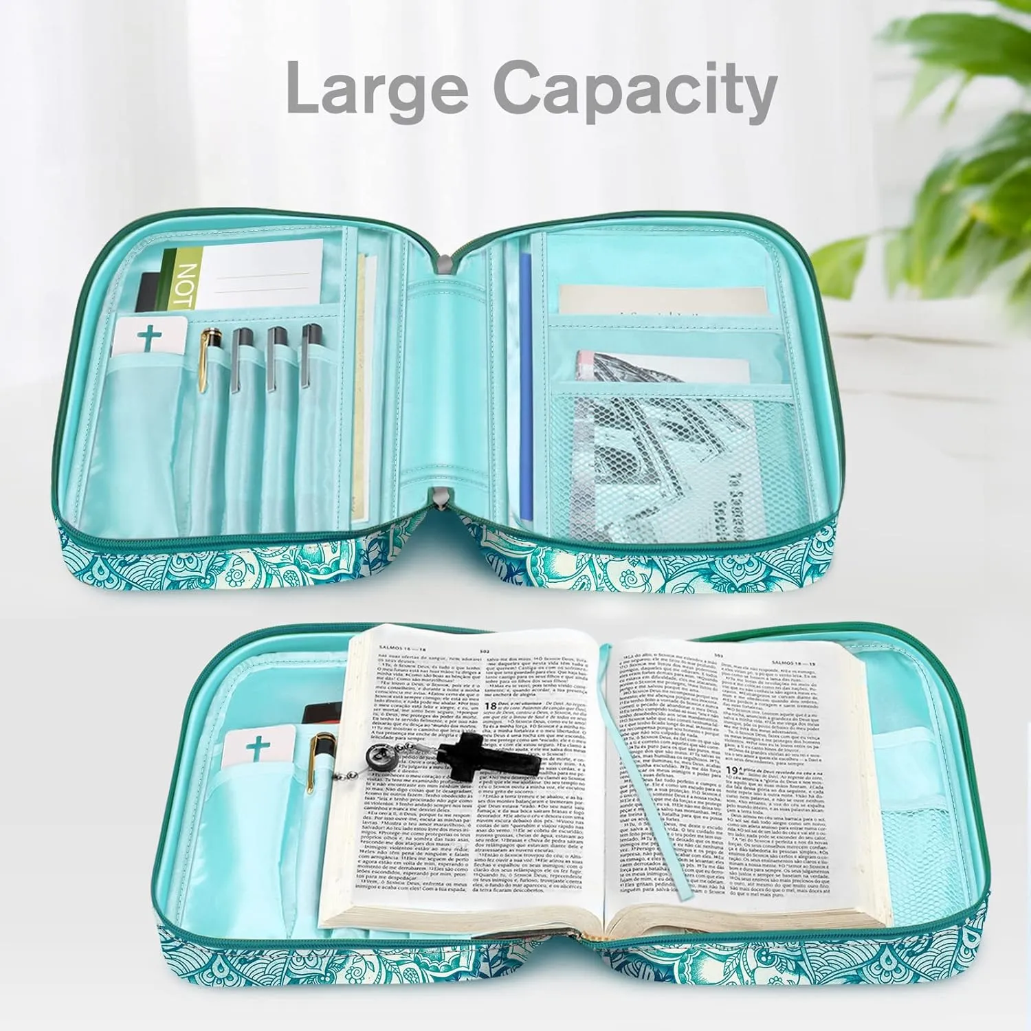 FINPAC Bible Cover, Carrying Book Case Church Bag Bible Protective with Handle and Zippered Pocket, Gift for Mother Lady Women Men, Emerald Illusions